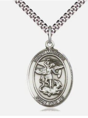 St. Michael The Archangel Large Pewter Oval Medal - 24" Endless Chain